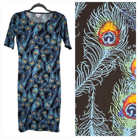 NWT LuLaRoe Peacock Feather Print Dress Julia Midi Black Fitted Sheath Bodycon - Picture 1 of 12